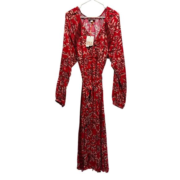 NWT Knox Rose Red Floral Boho Maxi Dress Long Sleeve Rayon Size Large Resort - Picture 1 of 11